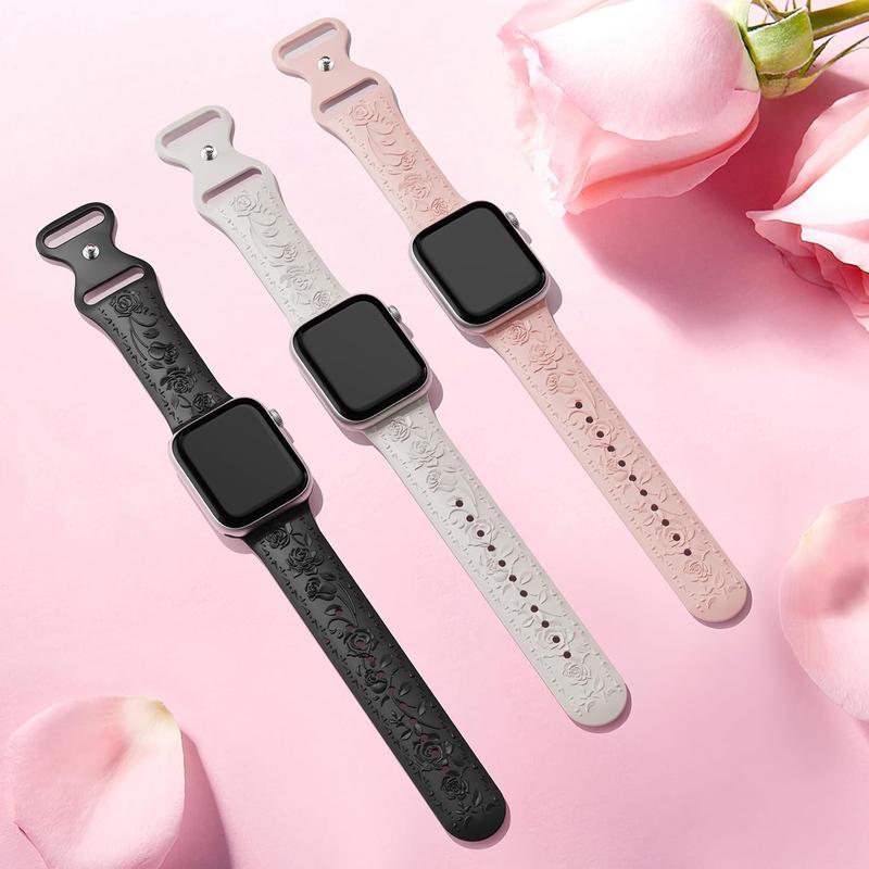 Floral Engraved Band Compatible with Apple Band 40mm 41mm 38mm 42mm 44mm 45mm 46mm 49mm Women, Soft Silicone Cute Embossed Flower Strap for iWatch Band Series SE Ultra 10 9 8 7 6 5 4 3 2 1