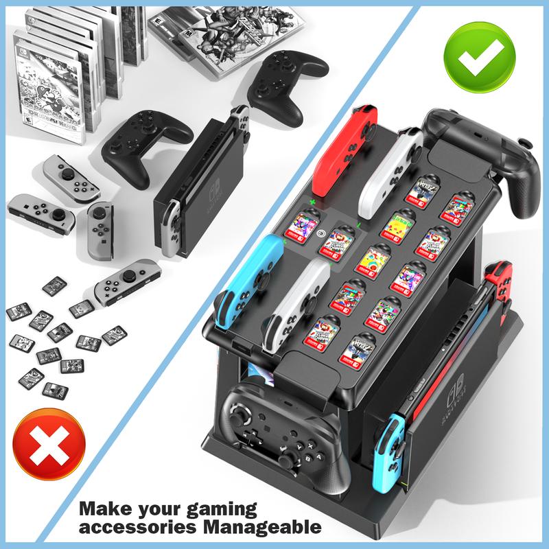 Switch Games Organizer Station with Controller Charger, Charging Dock for Switch & OLED Joycons, Switch Mounts, Brackets & Stands for Games, TV Dock, Pro Controller, Accessories Kit Storage