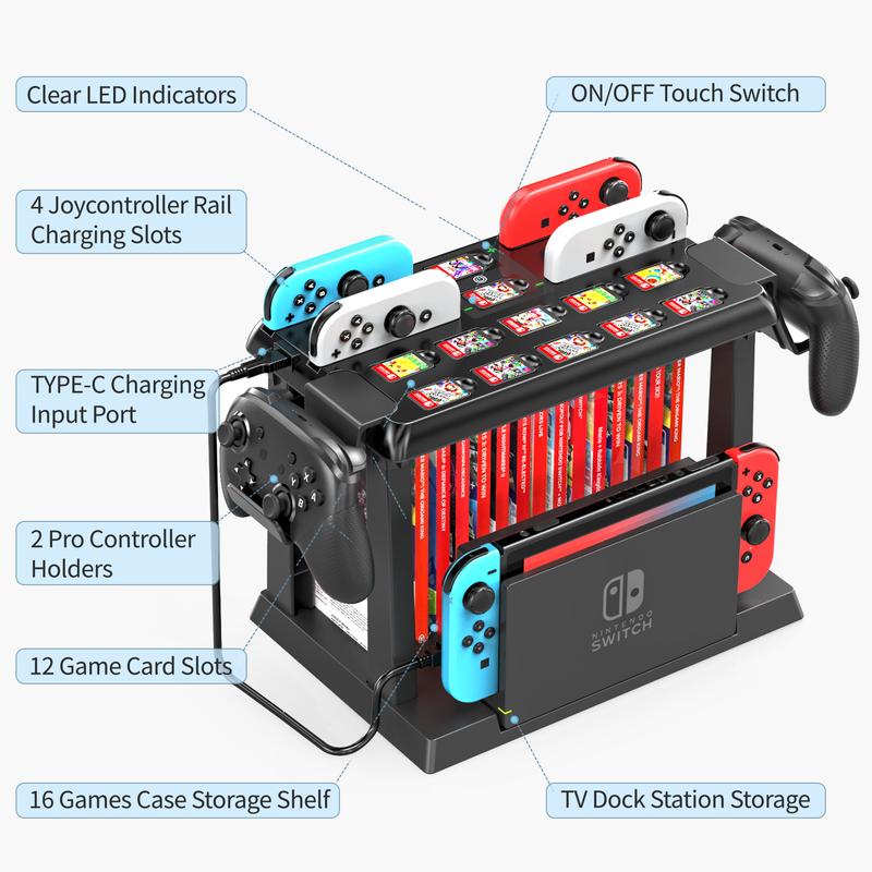 Switch Games Organizer Station with Controller Charger, Charging Dock for Switch & OLED Joycons, Switch Mounts, Brackets & Stands for Games, TV Dock, Pro Controller, Accessories Kit Storage