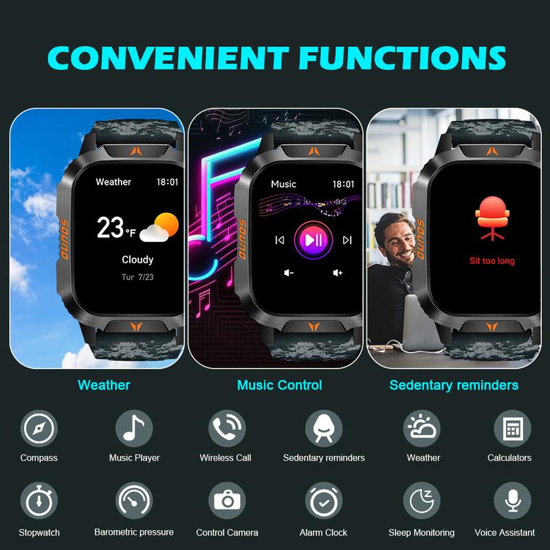 SmartWatch For Outdoor (answering making Calls), For Android for IPhone Tactical Smartwatch From 2024, Sturdy And Durable Outdoor Fitness Tracker, IP67 Waterproof AI Voice