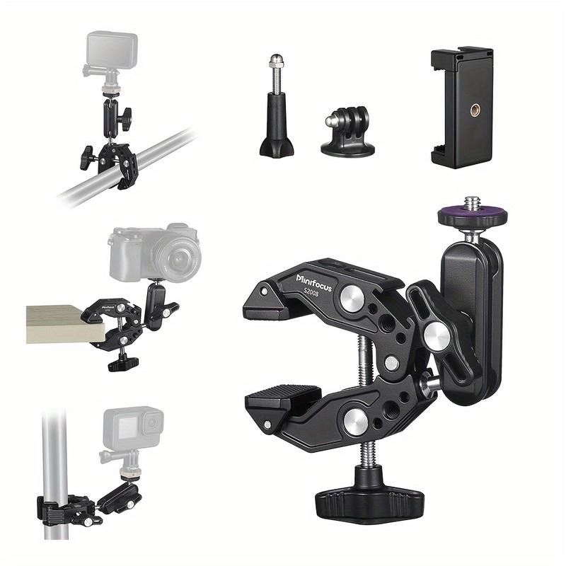 Multi-functional camera clip set with 360° swivel magic arm, dual ball head adapter and ARRI hole - Includes phone mount and sports camera mount - Lightweight aluminum for Canon, Nikon, GoPro, LED lights and more