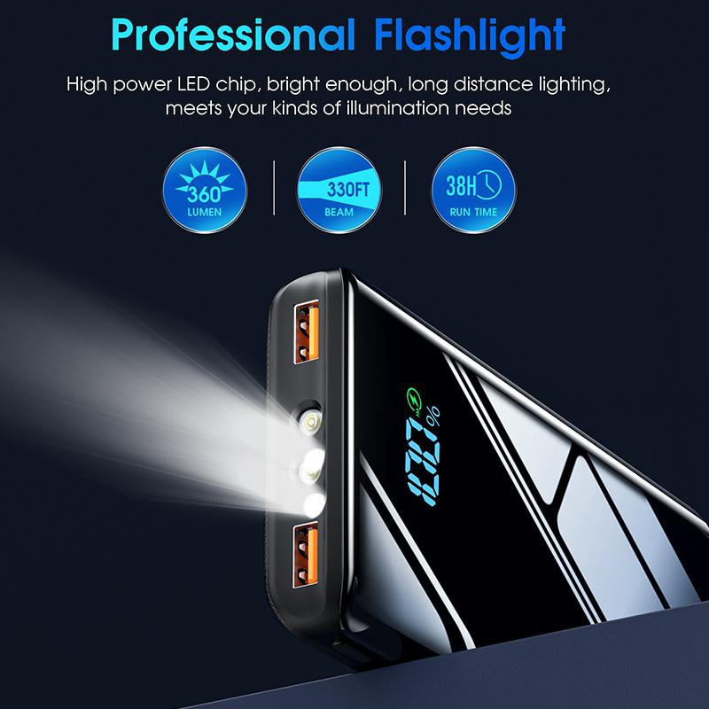 Power Bank 20000mAh, External Charger USB C 20W SCP 22.5W Quick Charge Function, Slim Design Powerful Powerbank with Flashlight and LED Display for Smartphone, Tablet, Fall Camping