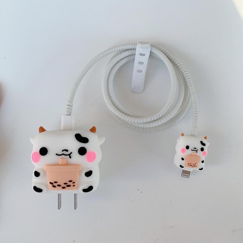 Cute Cow Design Charger & Data Cable Protector, 1 Count Anti-drop Decorative Charger & Data Cable Protective Cover, Phone Accessories for iPhone 16 15 14 Pro Max 13 12 11