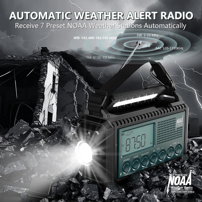 Radio AUTO NOAA Weather Radio, Hand Crank Solar AM FM SW NOAA Shortwave Radio for , Portable Radio with Camping Flashlight, Reading Lamp, Phone Charger, SOS , Clock, LCD Display