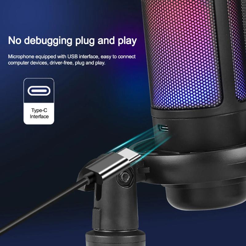 Gaming USB Microphone for PC PS5, Condenser Mic with Quick Mute, RGB Indicator, Tripod Stand, Pop Filter, Shock Mount, Gain Control for Streaming Discord Twitch Podcasts Videos