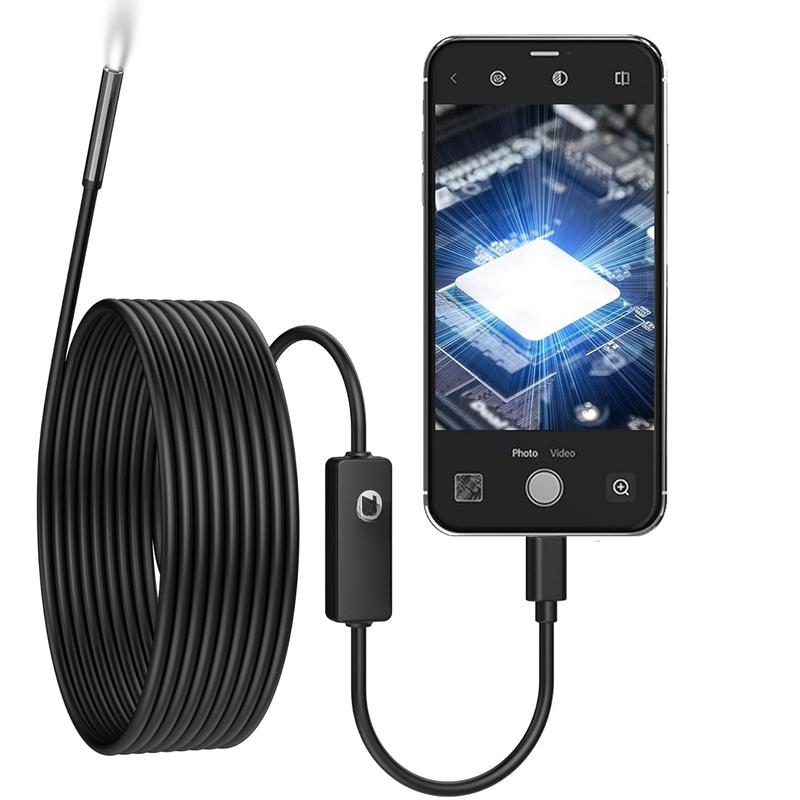 USB C Endoscope for iPhone, OG Android Phone, 5.5 mm Borescope Inspecion Snake Camera Waerproof, 16.4 F Semi-Rigid Cord wih LED Lighs, Compaible wih iOS