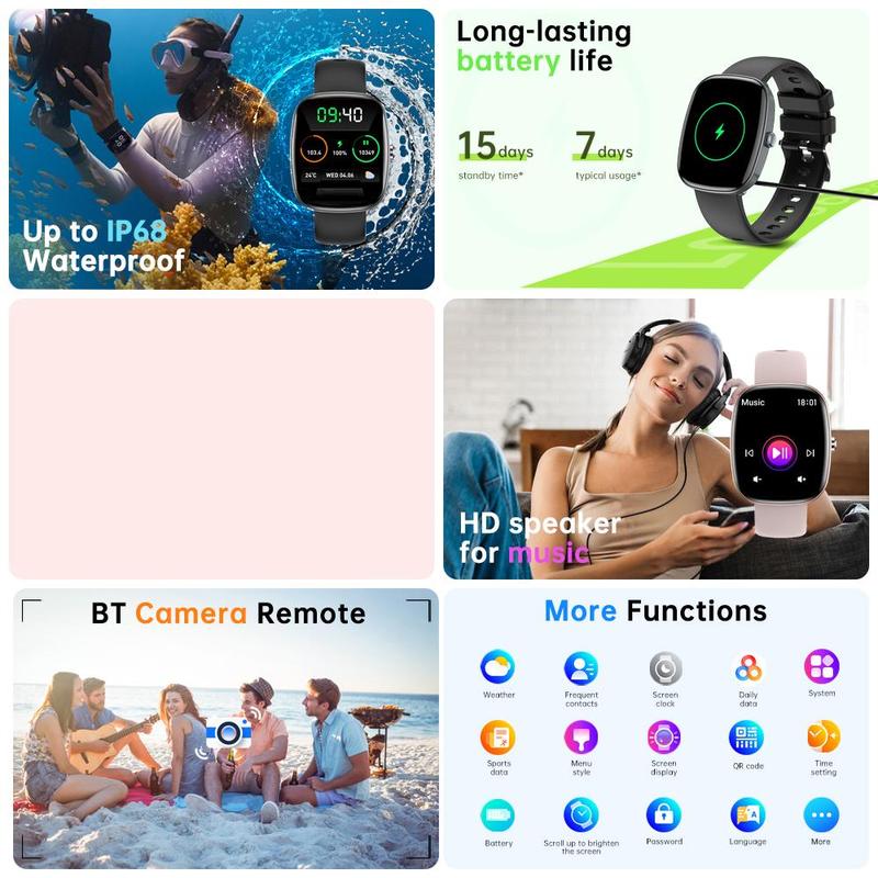 Multifunctional Smart Watch, Fashion Digital Watch with BT Call, IP68 Waterproof Sports Fitness Tracker for Women & Men, Compatible with Android iOS