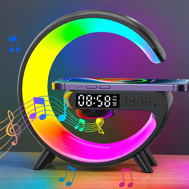 Fast wireless charger alarm for heavy sleeping adults-Wireless Speaker rhythm RGB light bar smart light sunrise alarm clock wake up light dimmable table lamp for bedroom, dorm, gift