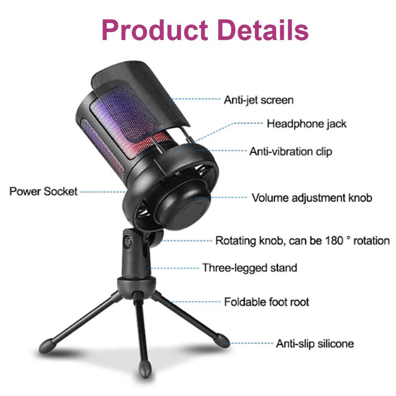 Gaming USB Microphone for PC PS5, Condenser Mic with Quick Mute, RGB Indicator, Tripod Stand, Pop Filter, Shock Mount, Gain Control for Streaming Discord Twitch Podcasts Videos