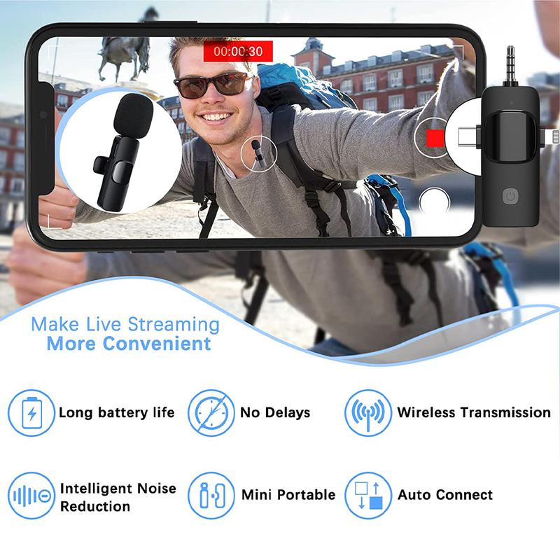 Wireless Lavalier Microphone for iPhone iPad Mini Clip-on Microphone Wireless for iPhone Video Recording Denoise Omni Lav Lapel Mic for Interview Youtube Vlog Live Stream Tiktok Content Creator microfono para portable microphone