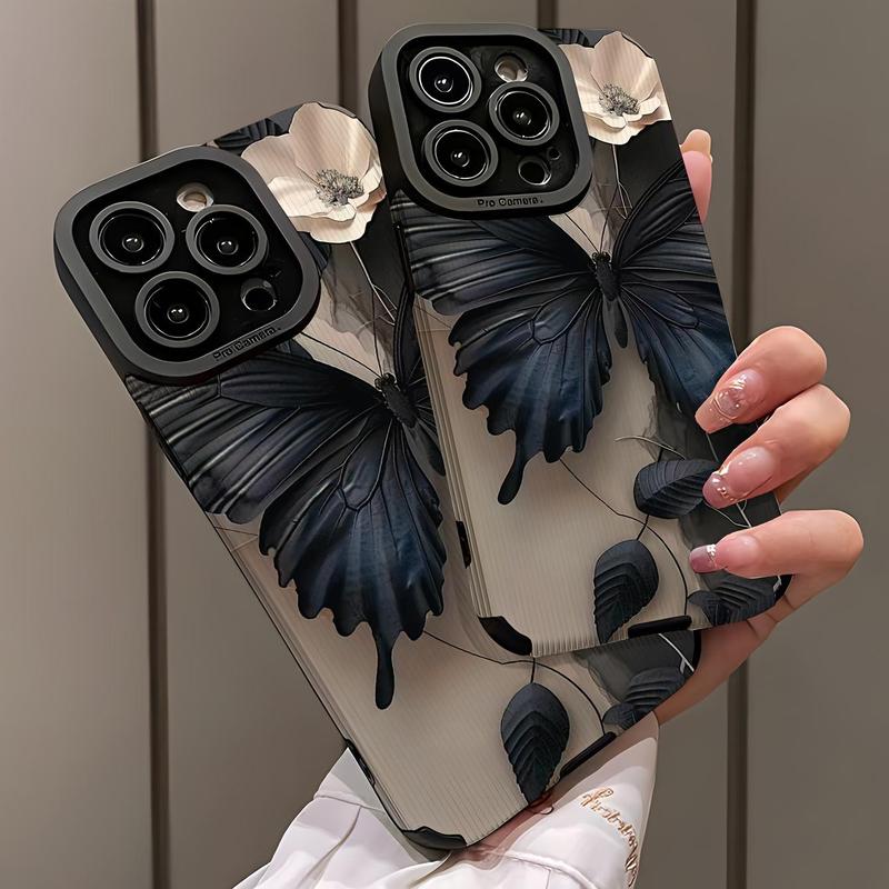 Butterfly & Flower Pattern Phone Case, Decorative Phone Protector Cover, Phone Accessories Compatible with iPhone 16 15 14 13 12 11 XS XR X Plus Pro Max