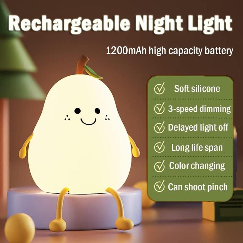 Cartoon Pear Night Light, USB Rechargeable Color Changing Night Desk Lamp for Bedroom Living Room Home Decor