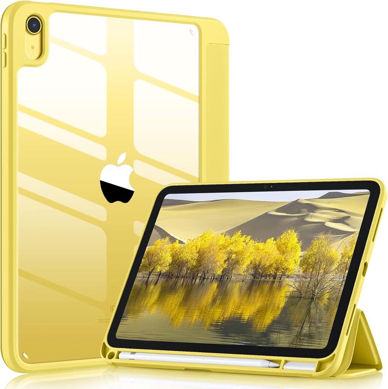 Case Compatible with iPad 10th Generation 2022 10.9 Inch with Pencil Holder, Slim Protective Cover with Clear Back Shell for iPad 10th Gen A2696 A2757 A2777, Auto Wake Sleep, Yellow