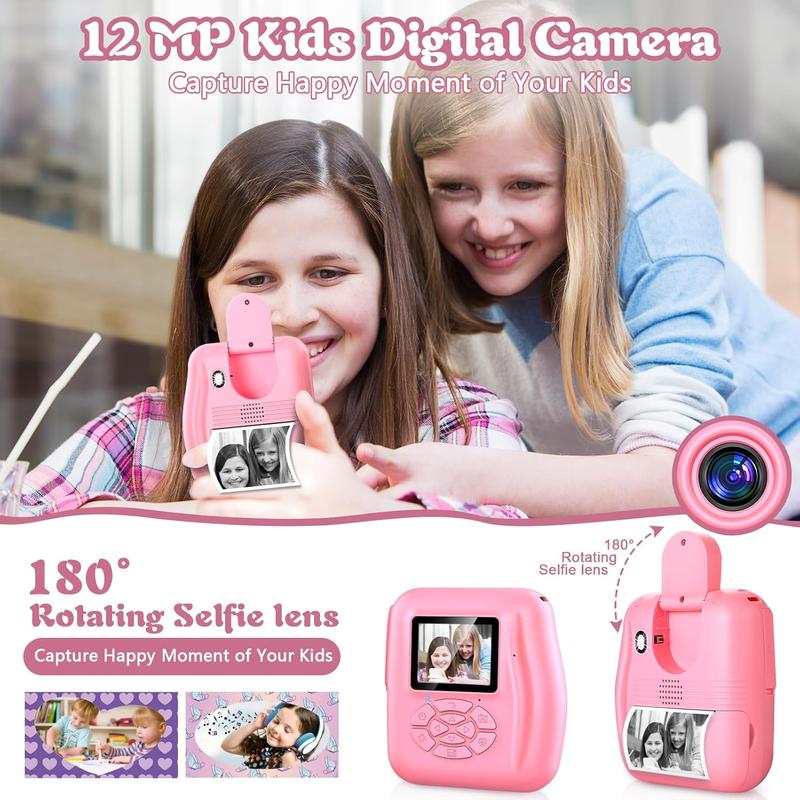 Kids Camera Instant Print, 1080P Digital Camera for Kids with Flip Lens Selfie, Ideal Toys Gifts for Girls Boys Aged 4-12 for Christmas Birthday Holiday (Pink)