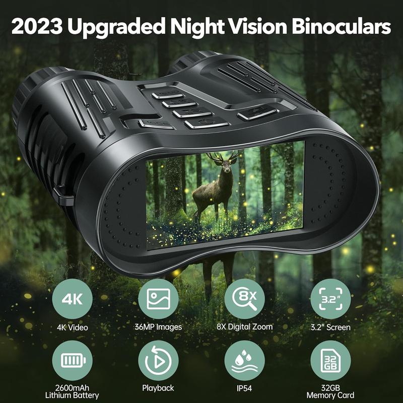 4K Infrared Night-Vision Binoculars, 3.2 Inch Screen 8X Digital Zoom Video Camera, Rechargeable Camera for Outdoor Adventures, Night Observation