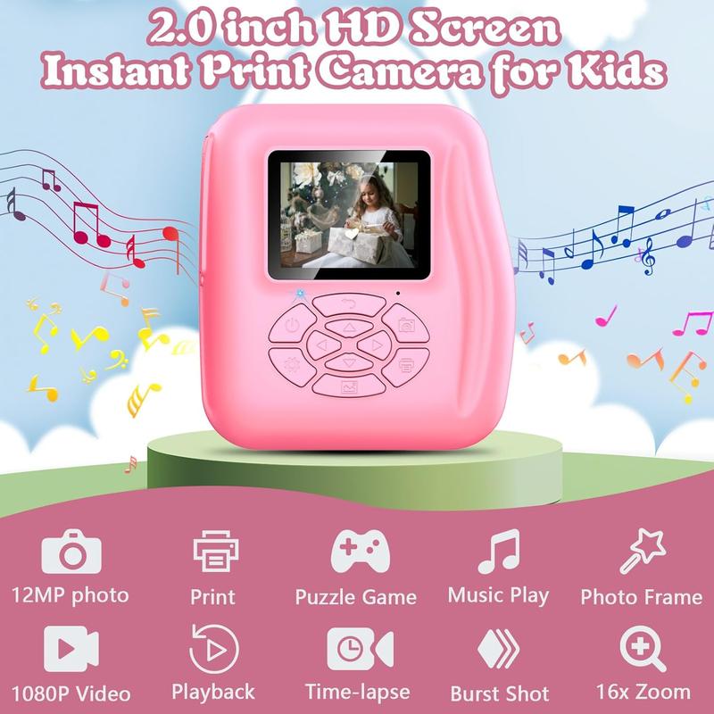 Kids Camera Instant Print, 1080P Digital Camera for Kids with Flip Lens Selfie, Ideal Toys Gifts for Girls Boys Aged 4-12 for Christmas Birthday Holiday (Pink)