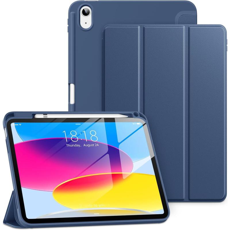 DTTO for iPad 10th generation case 10.9 inch 2022, slim tri-fold stand soft TPU back protective cover with pencil holder for iPad 10th gen case-auto sleep wake, Navy