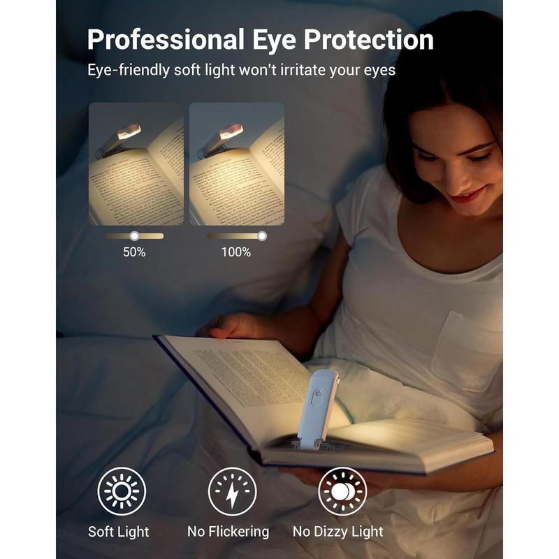 USB Rechargeable Book Light, Warm White, Brightness Adjustable for Eye-Protection, LED Clip on Portable Bookmark Light for Reading in Bed, Car Charging Holder Mobile Plug Smartphones Foldable