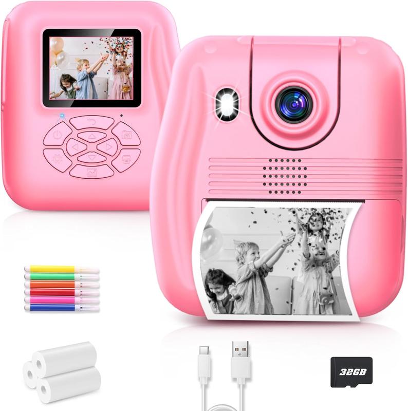 Kids Camera Instant Print, 1080P Digital Camera for Kids with Flip Lens Selfie, Ideal Toys Gifts for Girls Boys Aged 4-12 for Christmas Birthday Holiday (Pink)