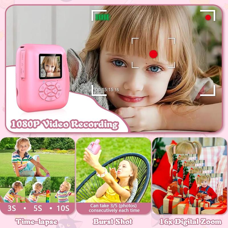 Kids Camera Instant Print, 1080P Digital Camera for Kids with Flip Lens Selfie, Ideal Toys Gifts for Girls Boys Aged 4-12 for Christmas Birthday Holiday (Pink)