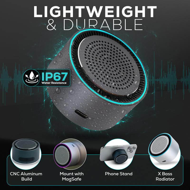 MagBeat - Portable Speaker and Wireless Charger, Bluetooth 5.3 with Premium Sound and MagSafe Wireless Charging, 10-Hour Play Time, Built-in Microphone, LED Equalizer, and TWS Stereo Sync