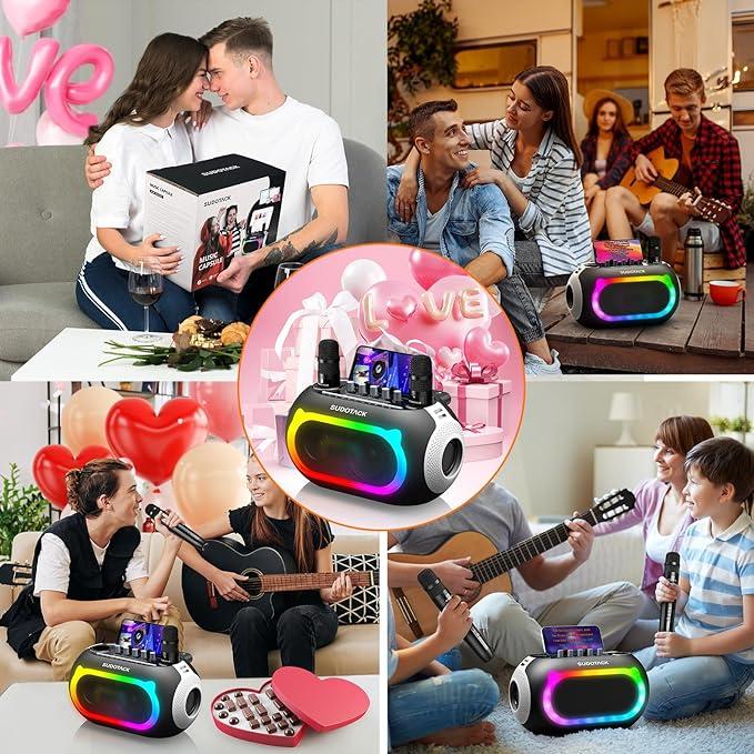 SUDOTACK Karaoke Machine for Adults Kids with 2 Wireless Microphones, Bluetooth PA Speaker System with Echo Bass Treble Adjustment for Home Party, Outdoor, Church, Picnic, Birthday Gifts（Pink White Space Black）