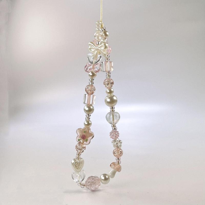 Glass Flower Beaded Phone Chain, Cute DIY  Handmade Beaded Design Mobile Phone Lanyard, Phone Accessories for Women & Girls