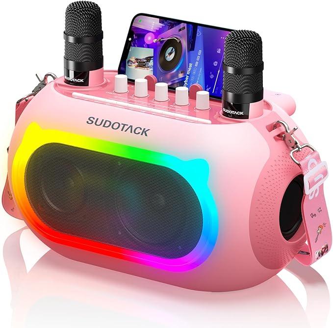 SUDOTACK Karaoke Machine for Adults Kids with 2 Wireless Microphones, Bluetooth PA Speaker System with Echo Bass Treble Adjustment for Home Party, Outdoor, Church, Picnic, Birthday Gifts（Pink White Space Black）