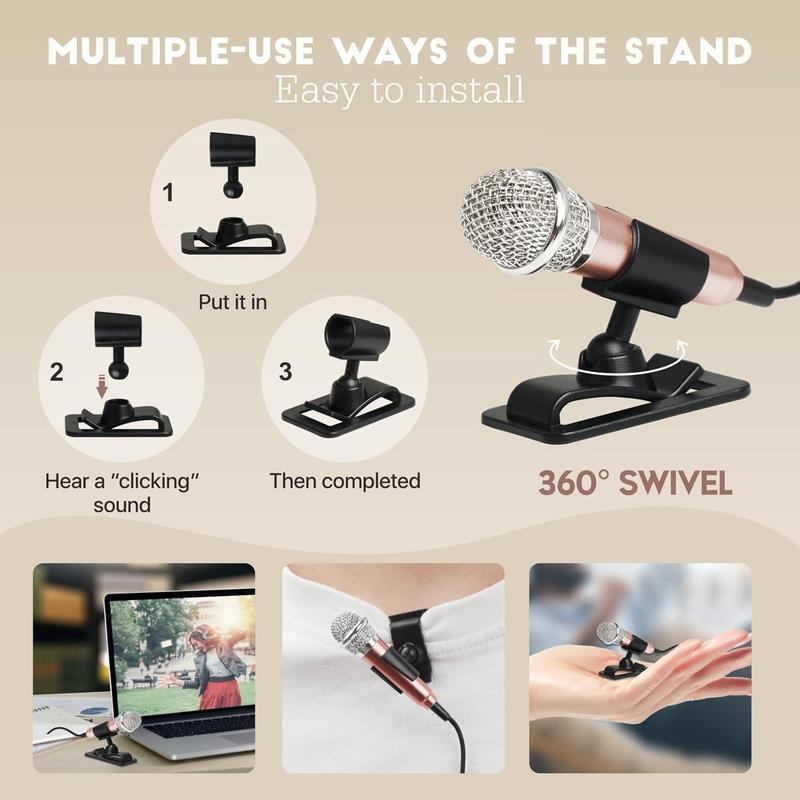 Mini Microphone, Karaoke Tiny Microphone for Voice Recording Interview, Portable Small Singing Mic 3.5mm Plug with Stand Suitable for Android Phone,iPhone,iPad, Laptop (Rose Gold)