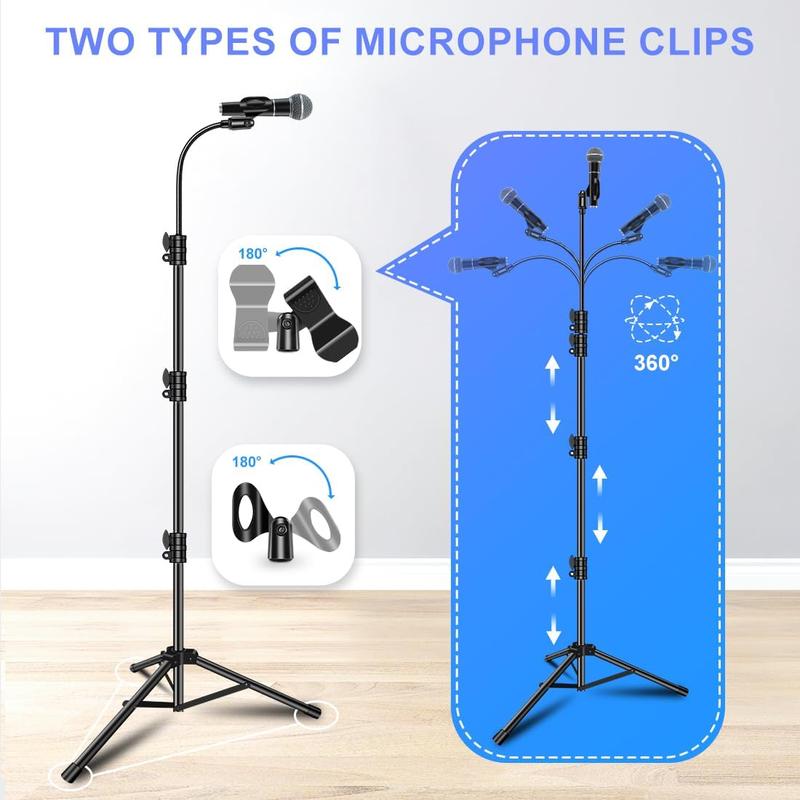 2 Pack Microphone Stand for Singing Mic Stand Boom with Gooseneck Mic Arm Stand Height Adjustable 3'- 6' with Mic Clips and 3 8