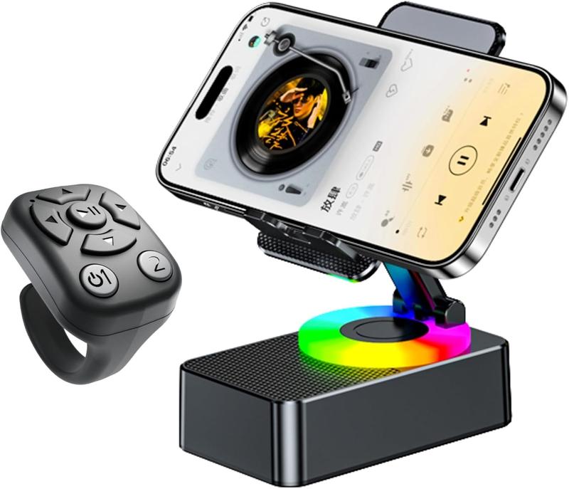 Upgraded, Tiktok Scrolling Ring, Best Birthday Gifts for Him, 7 Buttons Including One Customizable Bluetooth Remote, Bundled a Powerful Phone Stand with Bluetooth Speaker  Black