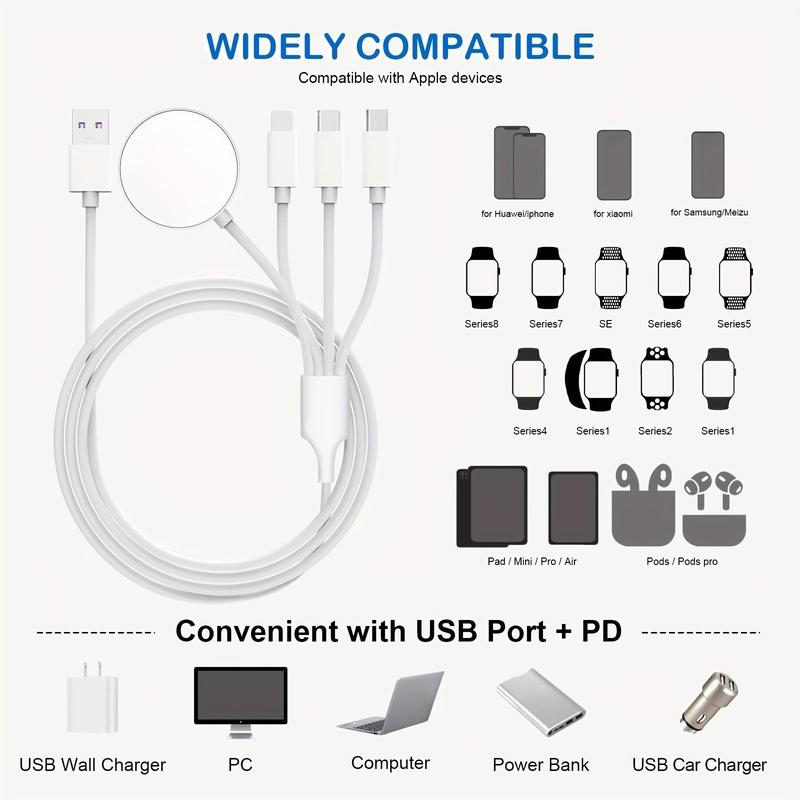 4-in-1 Multiple Cord Charger Cable, Multi-interface Widely Compatible Charger Cable for Phones, Smartphone Charging Data Cable Compatible with iPad & Watch & Smartphone & Type-C Series, Smartwatches Accessories, 4 in 1 Charging Cable