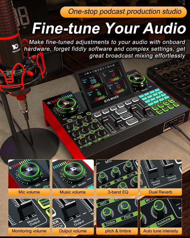 Audio Interface with 48V Phantom Power, Podcast Equipment and Live Sound Card, Audio Mixer and Voice Changer for Streaming, PC Recording, Gaming, and Singing