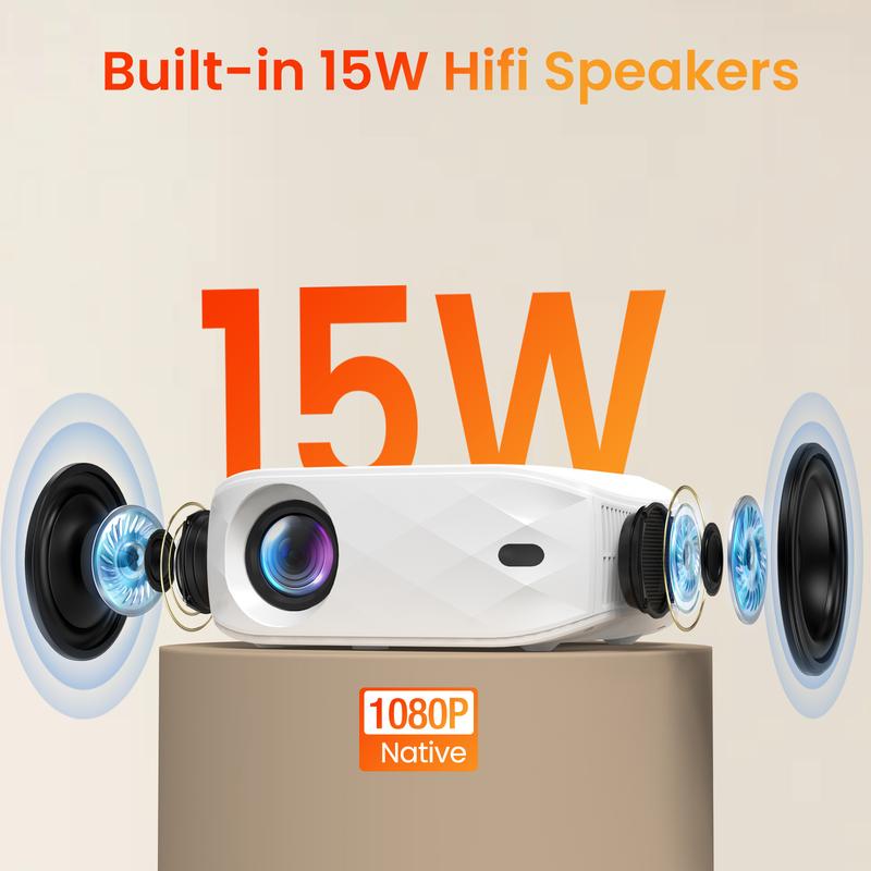 HAPPRUN Projector with WiFi and Bluetooth, Native 1080P Portable Projector with 100'' Screen, 12000L Brightness, Wireless Connectivity Audio Speaker