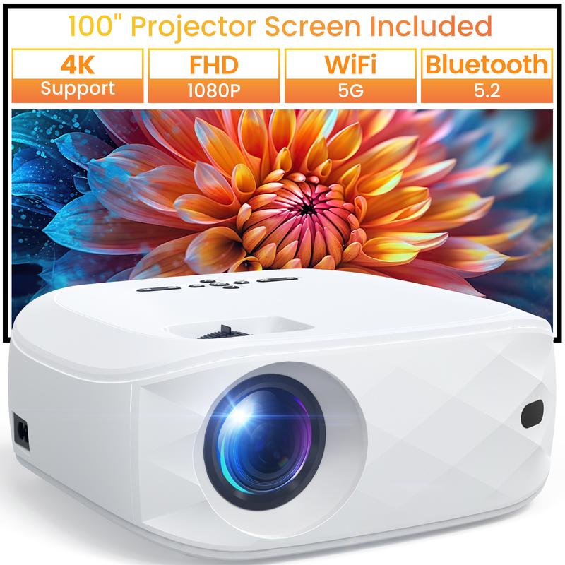 HAPPRUN Projector with WiFi and Bluetooth, Native 1080P Portable Projector with 100'' Screen, 12000L Brightness, Wireless Connectivity Audio Speaker