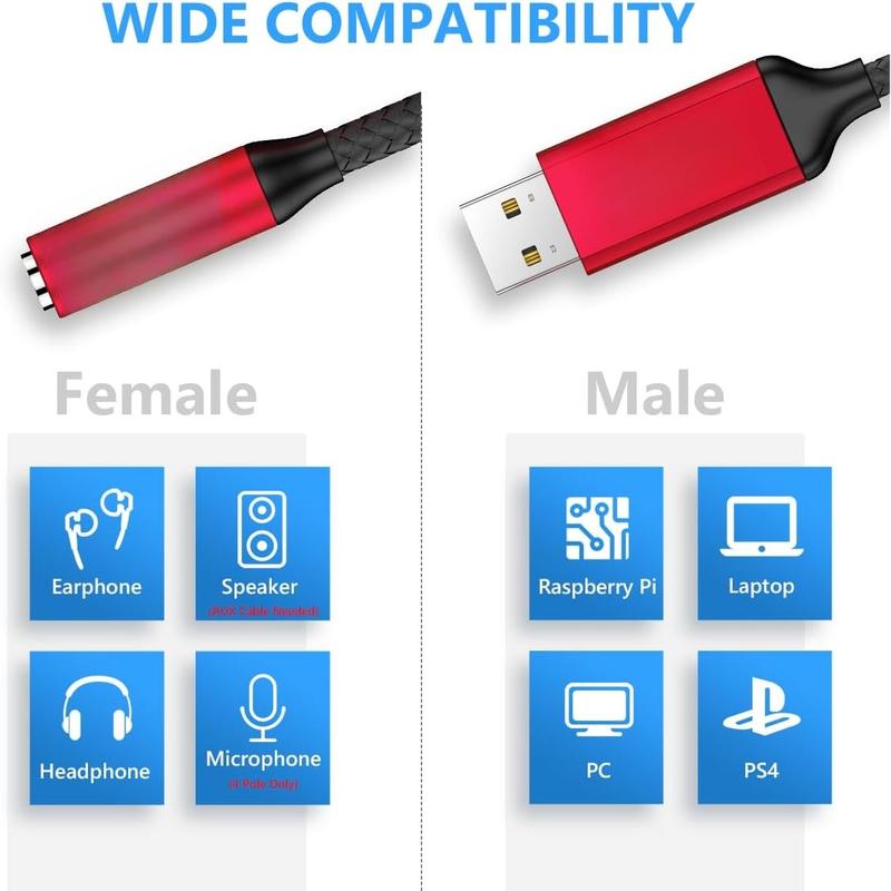 USB to 3.5mm Jack Audio Adapter, Built-in Chip Sound Card,USB to Aux TRRS 4-Pole Mic-Supported USB to Headphone Adapter for PS4 PS5 Laptop PC (Senior Red)