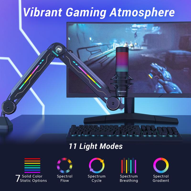 Lifewit TONOR T90 RGB Boom Arm with 11 Light Modes, Adjustable Mic Stand for Gaming, Streaming, Podcasting, and Recording Accessories Cable