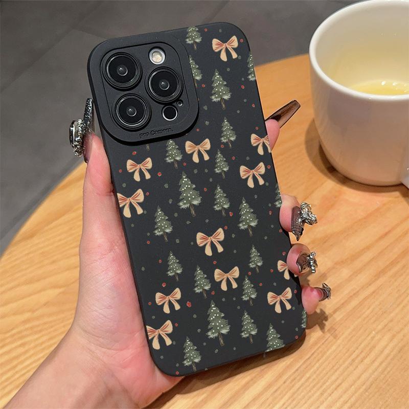 Christmas Tree & Bow Pattern Phone Case, Cute Decorative Phone Protector Cover, Anti-drop Cellphone Protective Case for iPhone 16 15 14 13