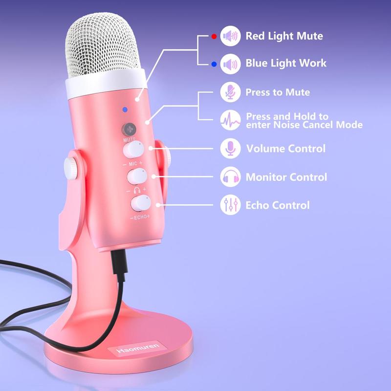 Haomuren USB Powered Gaming Microphone with Type-C Adapter, Quick Mute Noise Cancel Microphone for Phone Computer PC, Condenser Microphone with Gain Control for Streaming Vocal Recording