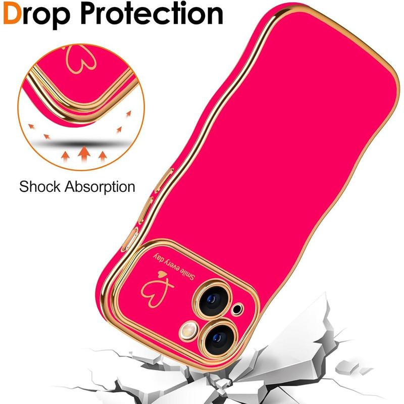 Case For iPhone 16 15 14 Pro Max Cute Wave Frame Curly Shape with Love Heart Pattern Raised Camera Protection Cover Luxury Plating Shockproof Phone Case Christmas New Year Gifts,Black Friday