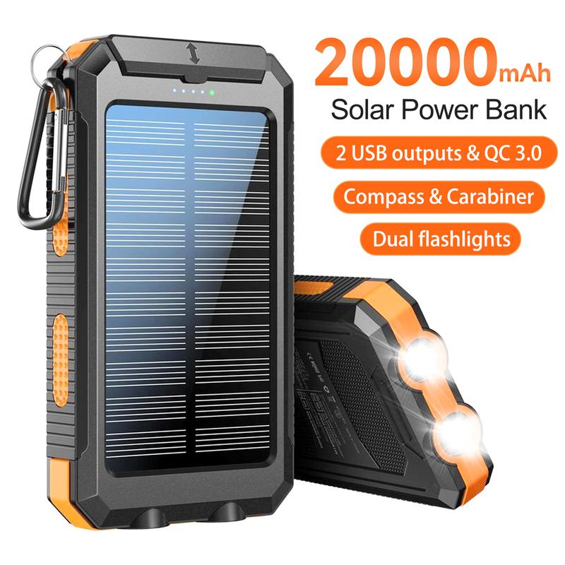 20000mAh Solar Charger Power Bank with Dual USB Ports & LED Flashlight , Portable Smartphone Charging Station, Waterproof Battery Pack Compatible with iPhone 15 14 13 12 11 Series, AirPods, iWatch & Samsung 24 23 22 21