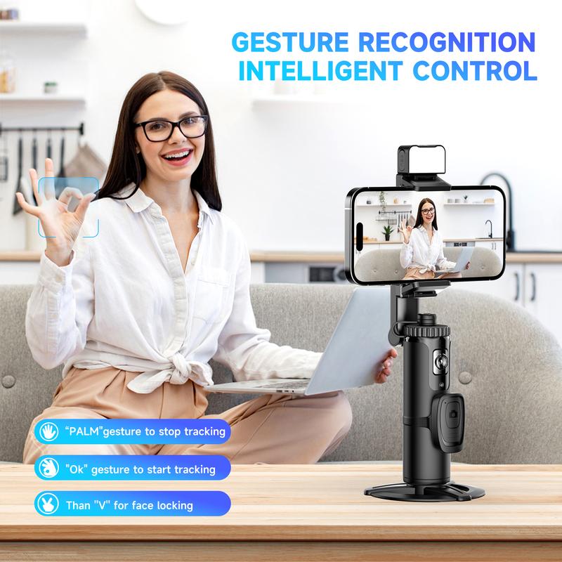 AI Auto Face Tracking Tripod, 360° Rotating Selfie Stick Gimbal Stabilizer with LED Light, No App Required, Remote & Gesture Control, Rechargeable Smart Shooting Stand for Live Video, TikTok, and More (Black) - Phone Clip, Digital Cellphone Accessories