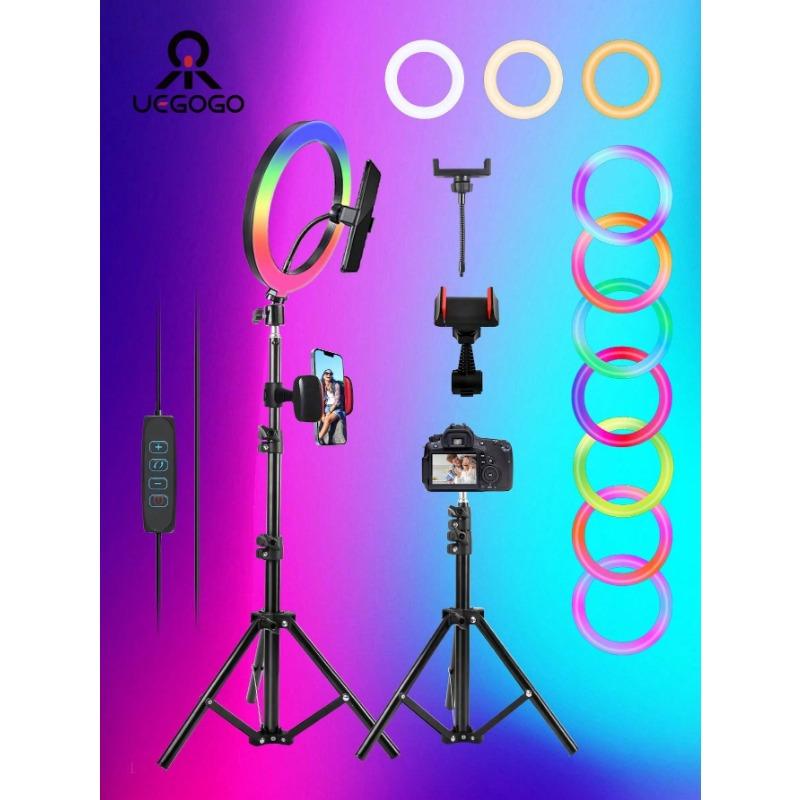 10 Inch Professional Selfie Ring Light With Stand -55.5 Inches High, 38 Color Modes, Stepless Dimming, Speed LED, Adjustable Phone