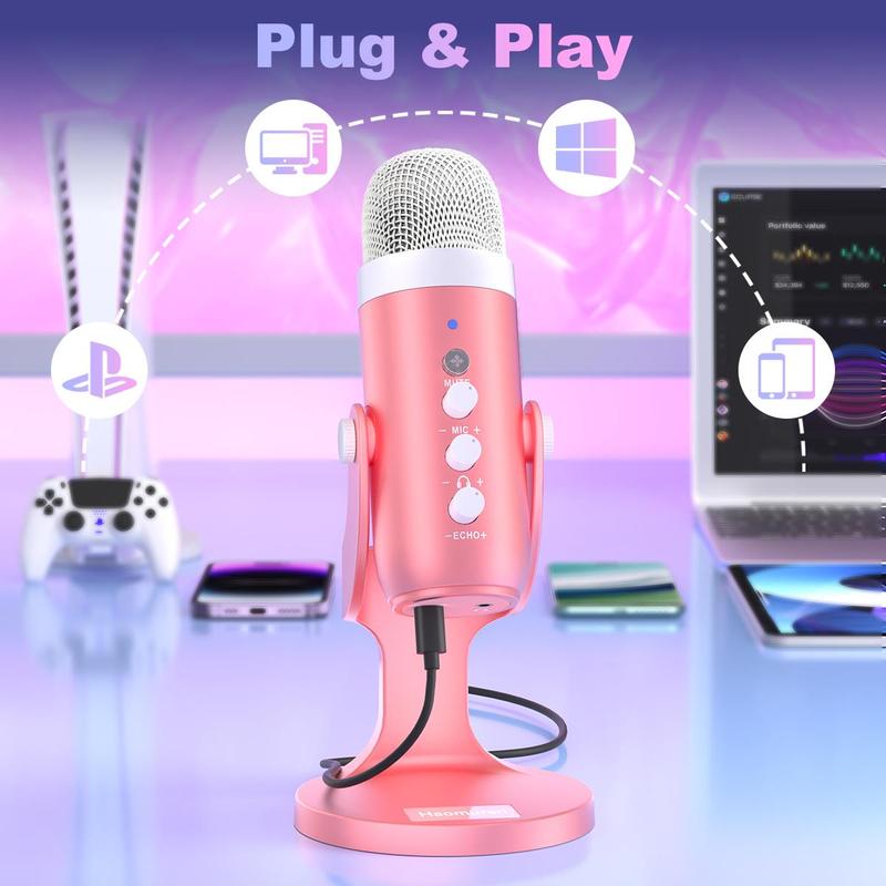 Haomuren USB Powered Gaming Microphone with Type-C Adapter, Quick Mute Noise Cancel Microphone for Phone Computer PC, Condenser Microphone with Gain Control for Streaming Vocal Recording