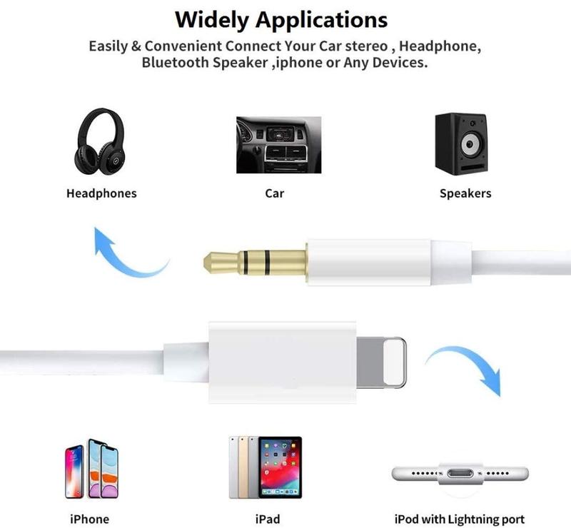 For IPhone To 3.5mm AUX Cord, Audio Adapter Hi-Fi Stereo Aux Headphone Male Cord Car Auxiliary Cable Compatible With IPhone 14 13 12 11  XS XR X 8 7, 100cm For Car, Lightning Cable, Tablets, Headphones, Speakers, Home, , Car Stereos, and Mobile Phones