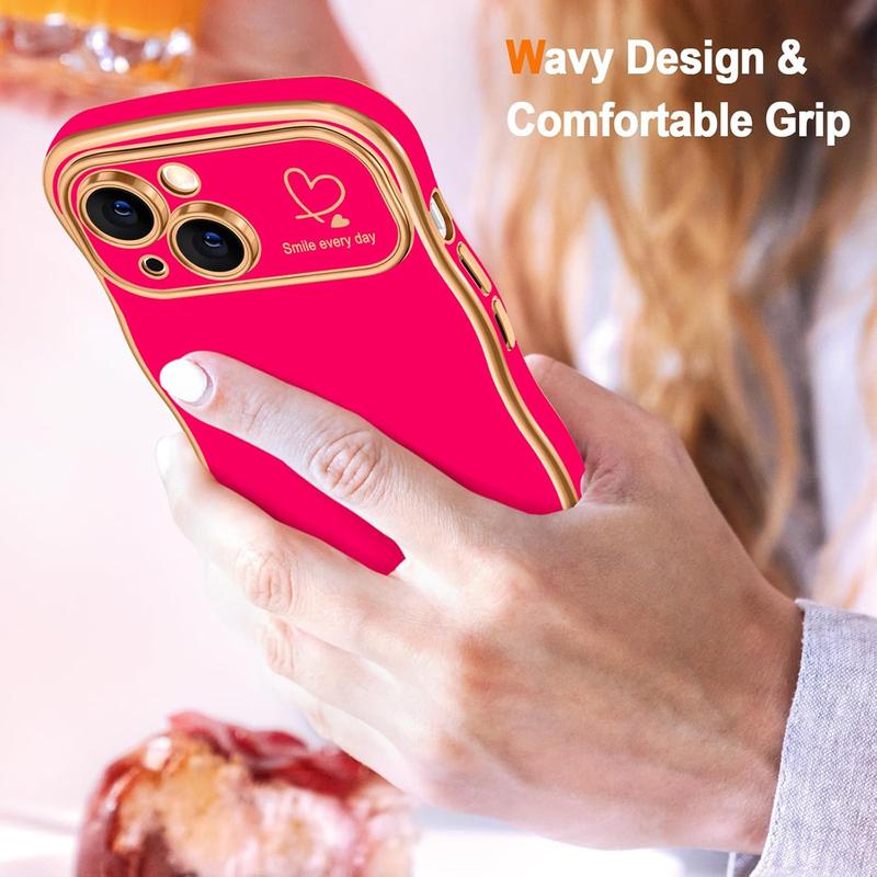 Case For iPhone 16 15 14 Pro Max Cute Wave Frame Curly Shape with Love Heart Pattern Raised Camera Protection Cover Luxury Plating Shockproof Phone Case Christmas New Year Gifts,Black Friday