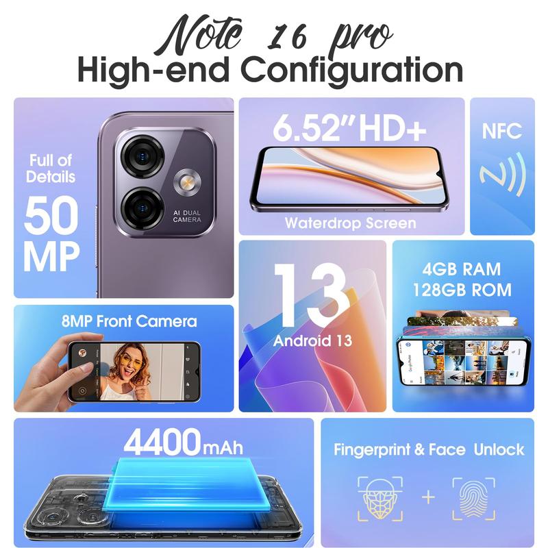 Note 16 Pro Unlocked Mobile NFC Phones (12GB+128GB) Android 13 50MP Camera Octa Core Smartphone  6.52”Screen, 4400mAh 4G Dual SIM Fingerprint Face ID GPS OTG, US Version- Blue