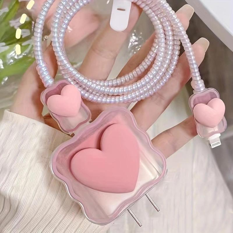 Halloween Gifts, Heart Decor Data Cable Protector & Portable Charger Head Cover Set for Summer Gift, Smartphone Handheld Cell Phone Charger Protective Sleeve Set, Fashion Phone Accessories Compatible with iPhone 18w 20w Fast Charger