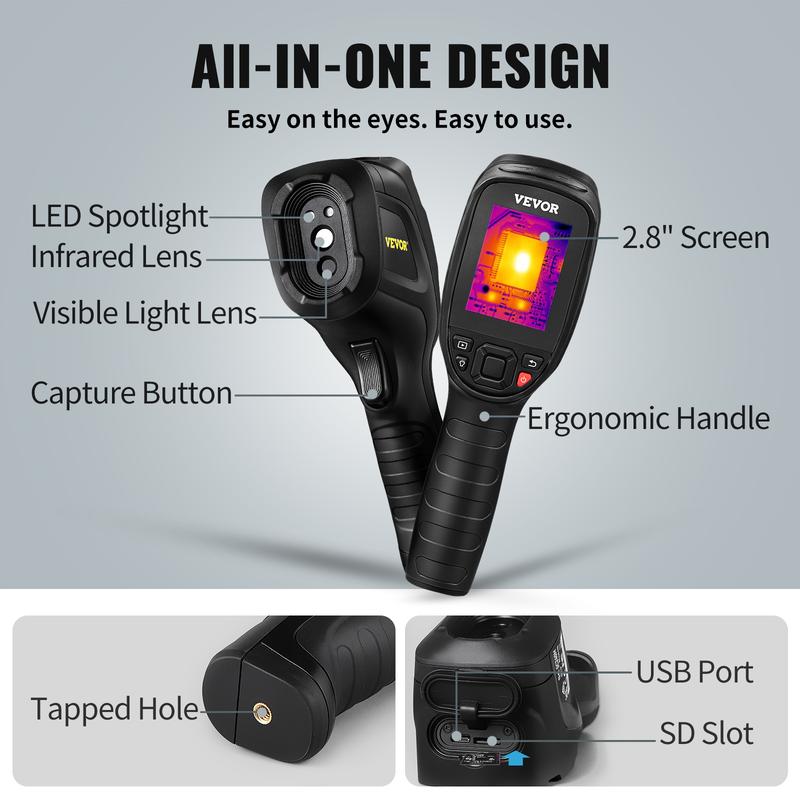 VEVOR Thermal Imaging Camera, 240x180 IR Resolution with 2MP Visual Camera, 20Hz Refresh Rate Infrared Camera with -4℉~1022℉ Temperature Range, 64G Built-in SD Card and Rechargeable Li-ion Battery Audio Cable