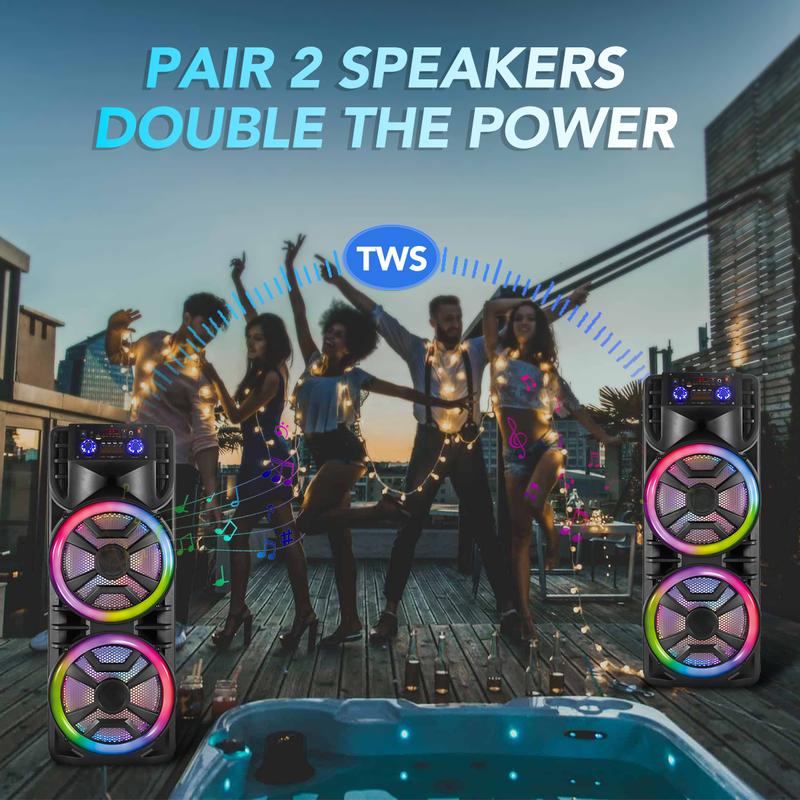 Dual 12 inch Karaoke Speaker System Portable Party Box Loud Big Speaker Wireless Bluetooth TWS Rechargeable FM Radio Remote Control Microphone LED Lighting